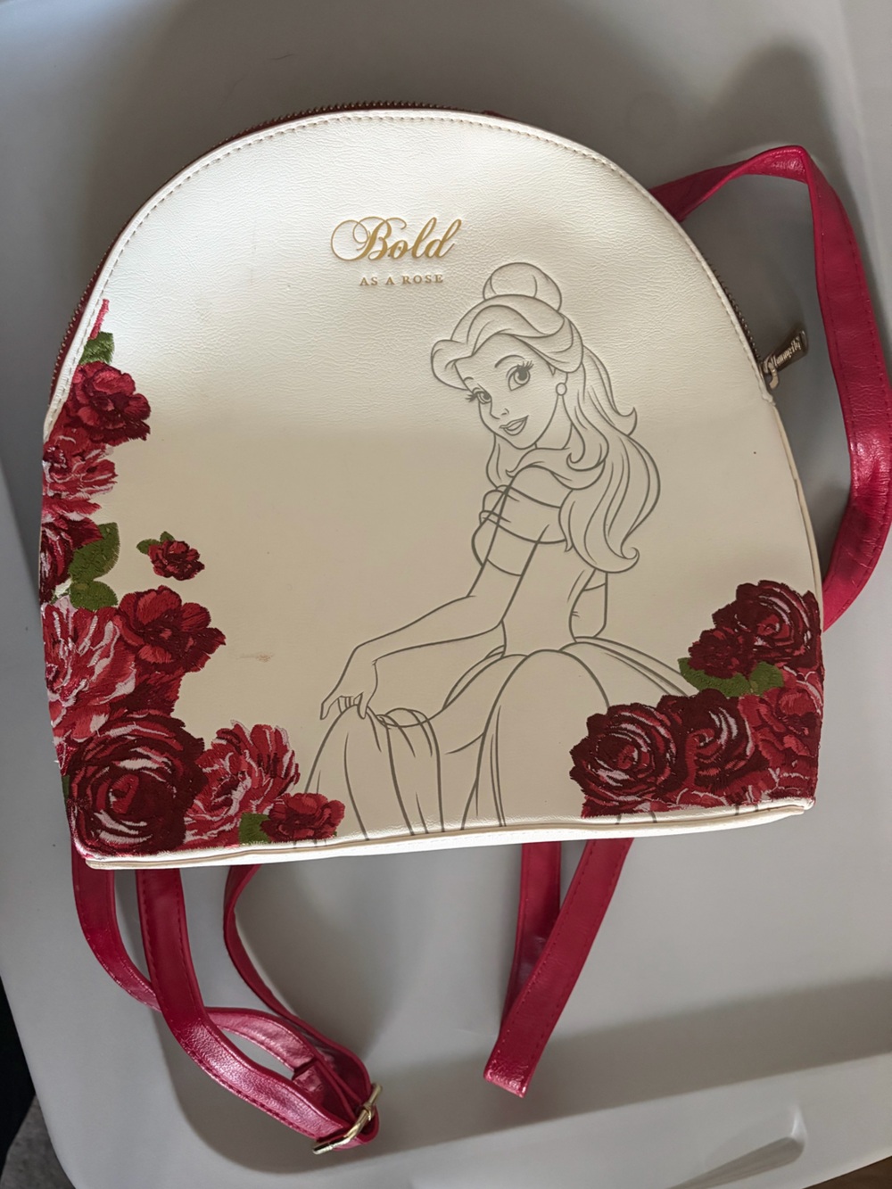 Disney Belle Loungefly Mini Backpack Cream Floral with Red Straps